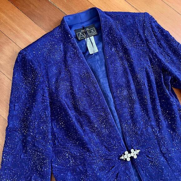 Alex Evenings Vintage 80s Women's Blue Sparkle Jacket & Tank Set, Size S Petite - Picture 3 of 7